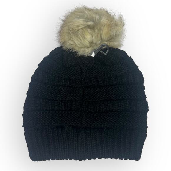 C.C NWT Fur Pom CC Beanie HAT43 Black With Natural Pom Winter Hat Slouchy - Picture 2 of 6
